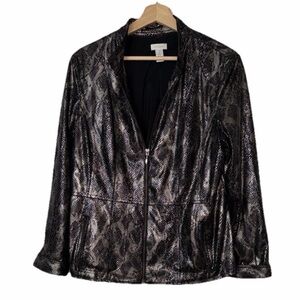 Chicos Black & Silver Metallic Snakeskin Print Zip Up Jacket Sz. L (2)